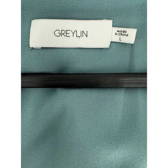 Greylin Joanne Ruched Detail Satin Dress in Misty Blue Size Large - Picture 10 of 11